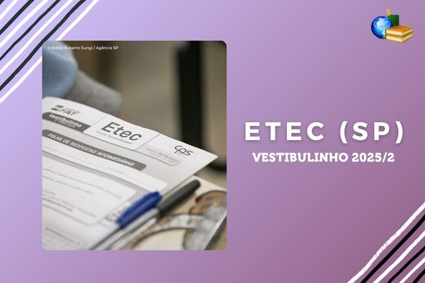 Fundo com tons de roxo, listras preto e branco, foto do caderno de prova do Vestibulinho da Etec